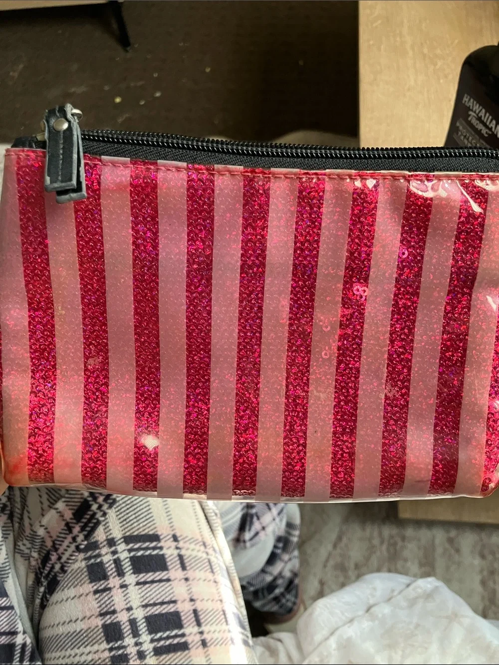(MAJOR WEAR LOOK AT DESCRIPTION) Victoria Secret Pink Glitter Stripe Makeup Pouc